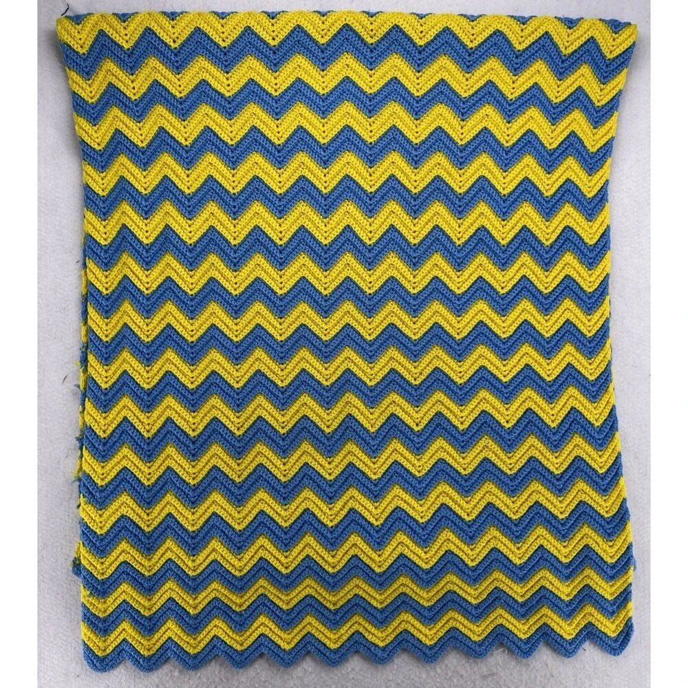 Vintage Chevron Crochet Afghan Blanket Yellow Blue Zig Zag 36x75 Throw Handmade